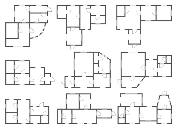 Apartamento Planos Arquitectónicos Establecidos Diferentes Estudios Planos Aislados Blanco Negro — Vector de stock
