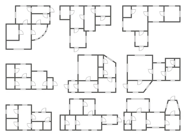 Wohnung Architektonische Pläne Gesetzt Verschiedene Schwarz Weiß Isolierte Blaupause Studio — Stockvektor