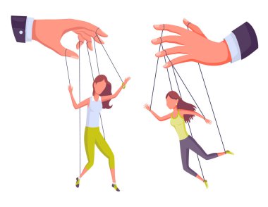 Kuklacı eller kuklaları kontrol eder, manipülatör konsepti. İşçi kukla ustası tarafından kontrol ediliyor. İnsanları kukla gibi manipüle ediyor. İşveren hakimiyeti sömürüsü veya otorite manipülatörü.