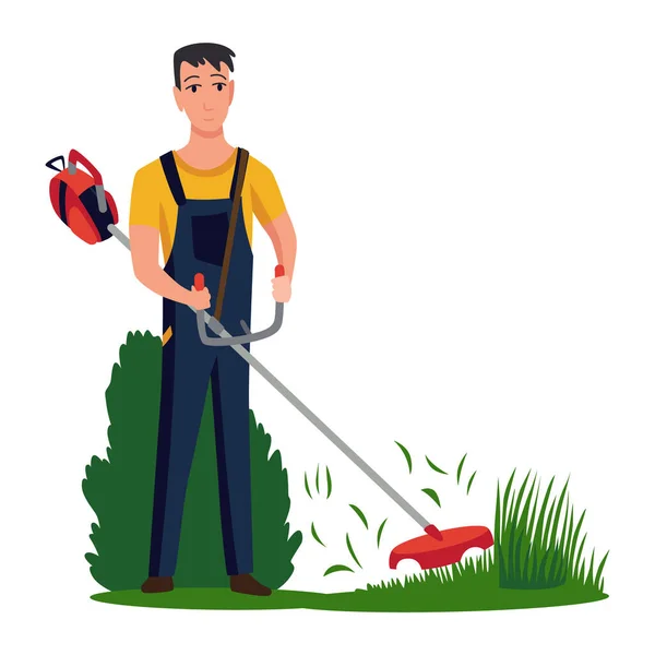 정원사가 뜰에서 일하고 잔디에 전기공을 뿌리는 정원에서 수공업자 직업적 작업자를 — 스톡 벡터