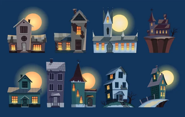 Спустошені Будинки Темний Страшний Будинок Вночі Жахливий Кошмар Ілюстрації Місячного — стоковий вектор
