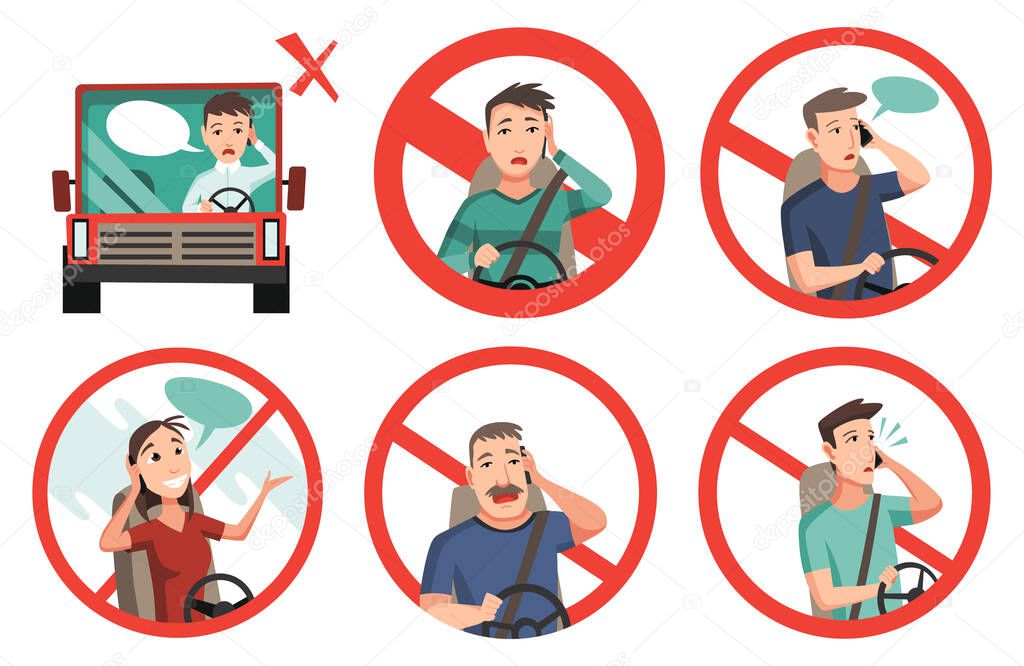 Phone while driving. Safety driving rules. Do not use mobile. Man and woman talking on phone or using smartphone.
