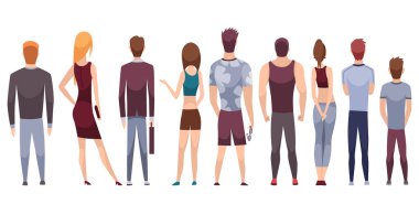 İnsanlar geçmişe bakıyorlar. Genç insanlar. Vektör insanlar örnekleme yapıyor. Çizgi filmdeki adam ve kadın. Yetişkin insanlar arkadan. Sıradan giyinmiş kadın ve erkek karakterler..