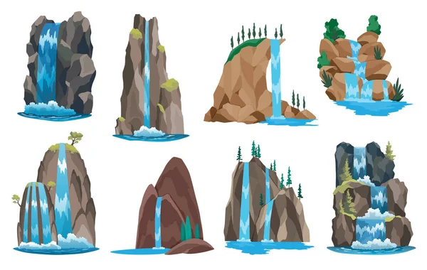滝が設置された 山や木と漫画の風景 川の白い背景に崖から落ちる 澄んだ水と絵のような観光名所 — ストックベクタ