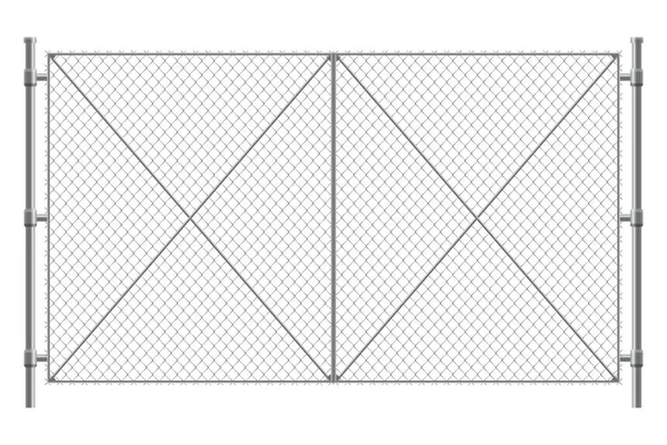 金属丝栅栏和闸门 带有金属柱子的链环篱笆碎片 安全的领土 保护区或监狱栅栏 线路网建设 — 图库矢量图片