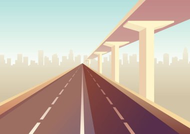 Boş iki lavel hız otoyolu. Şehir manzarasına giden düz bir yol. Metropolis arka planda. Asfalt yolu ve kasaba manzarası.