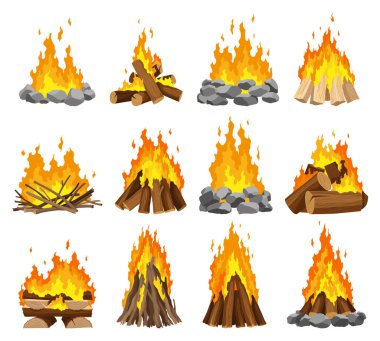Fireplace campfire different types. Burning wood collection, travel and adventure symbol. Vector bonfire or woodfire in cartoon flat style set. Tourist bonfires in the diferent form of stack.