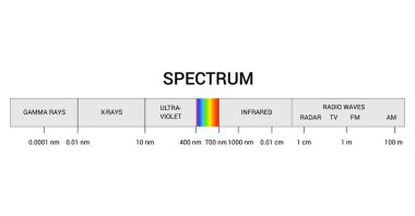 Spectrum wavelength. Visible spectrum color range. Educational physics light line. Invisible parts of the spectrum of white light, infrared and electromagnetic. clipart