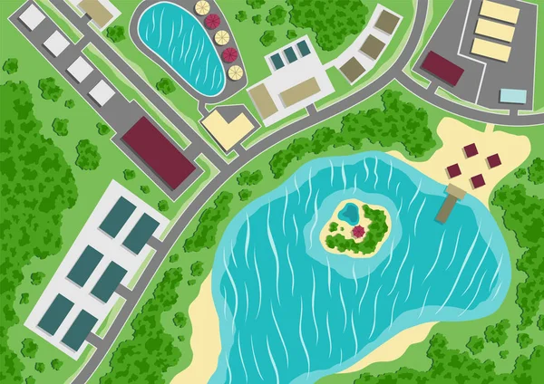 Suburban Map Village Lake Aerial View Editable Vector Plan Generic — ストックベクタ