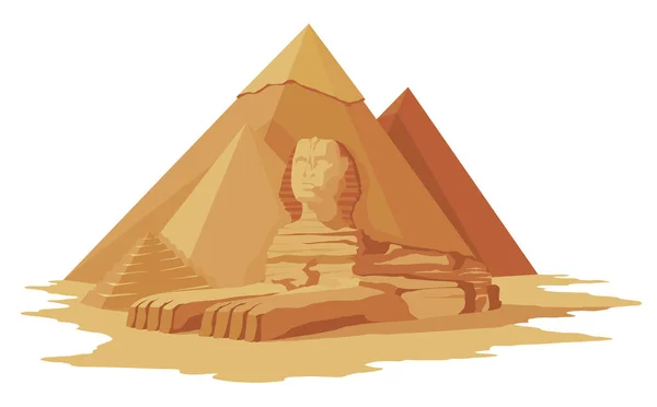 Egypt pyramids with sphinx scenery, symbol of ancient Egypt. Historic sight showplace attraction. Famous historical landmark place in Giza. Ancien architecture in sand dunes.