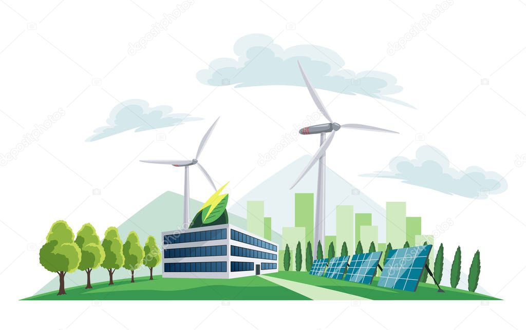 Clean electric energy concept. Renewable electricity resource from solar panels and wind turbines. Ecological change of the future. City skyline and nature landscape on background.