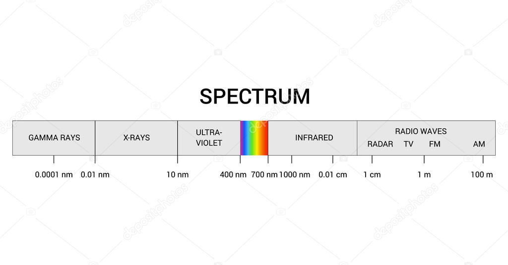 Spectrum wavelength. Visible spectrum color range. Educational physics light line. Invisible parts of the spectrum of white light, infrared and electromagnetic.