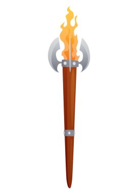 Yanan ateşle ortaçağ meşalesi. Alevli eski gerçekçi ahşap meşale. Çizgi film oyun elemanı vektör çizimi.