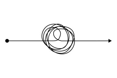 Arrow Kaos zihniyeti karmaşası. El yazması karalama çizimi ile Doodle düğümü konsepti. Vektör el zor bir düşünce süreci çizdi. Karmaşık yol.