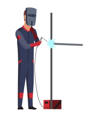 Kaynakçı işte. Adam tamir eder. İş elbiseli genç bir adam. Koruyucu maske ve eldiven giyen bir işçi. Kaynak ekipmanları.