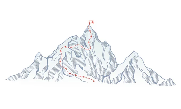 Rota Escalada Montanha Para Topo Rocha Com Bandeira Vermelha Pico —  Vetores de Stock
