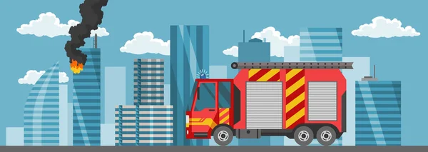 Fire Truck City Town Lanscape Flat Style Fire Engine Emergency — Stock Vector