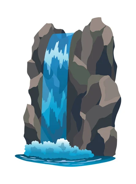 岩の山と漫画の風景 川の白い背景に崖から落ちる 澄んだ水と絵のような観光名所 — ストックベクタ