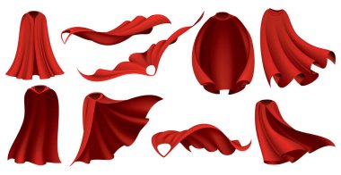 Süper kahraman kırmızı pelerinler. Karnaval maskeli balosu kıyafeti, 3 boyutlu gerçekçi kostüm tasarımı. Kırmızı kumaş ipek pelerin farklı pozisyonda, önde, yanda ve en üstte. Uçan Manto kostümü.
