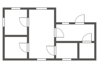 Daire mimari planı. Siyah ve beyaz izole edilmiş apartman ya da ev. Kat planı, iç dekorasyon mutfağı, yatak odaları, oturma odası, yemek odası ve banyo. Mobilyasız bir daire..