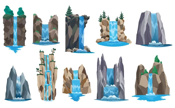 Waterfalls set. Cartoon landscapes with mountains and tree. River falls from cliff on white background. Picturesque tourist attraction with clear water.