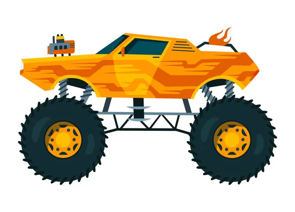 Monster Truck Ljusa Färgglada Tecknad Bil Med Stora Hjul Tung — Stock vektor