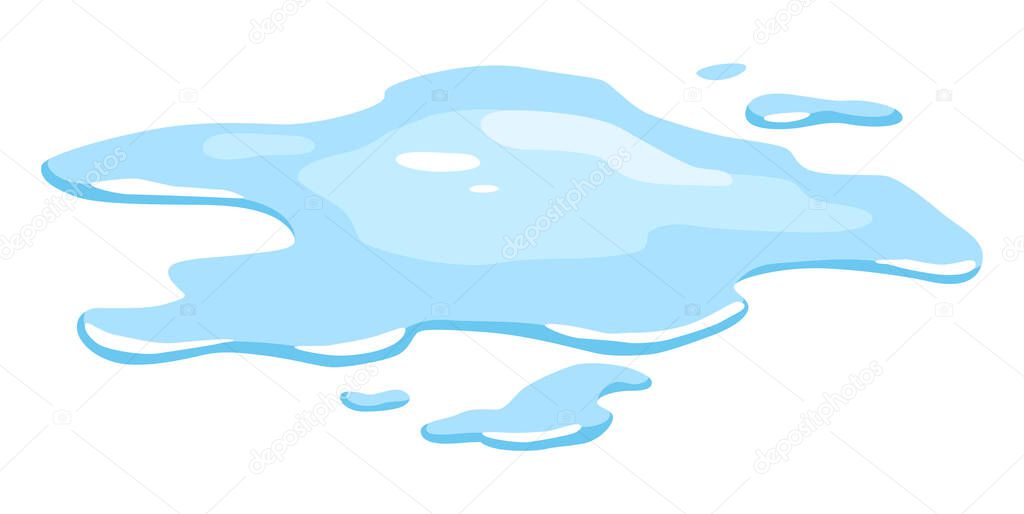 Water spill puddle. Blue liquid various shape in flat cartoon style. Vector fluid design element isolted on white background.