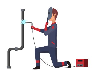 Kaynakçı işte. Adam tamir eder. İş elbiseli genç bir adam. Koruyucu maske ve eldiven giyen bir işçi. Kaynak ekipmanları.