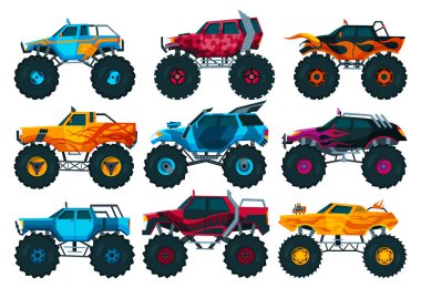 Monster trucks set. Bright colorful cartoon auto with big wheels. Heavy cars with large tires and black tinted windows. Isolated rally 4x4 computer or mobile game.