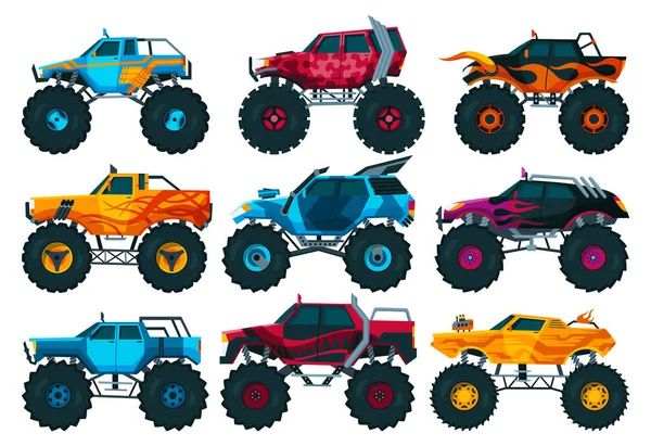 Monster Trucks Set Bright Colorful Cartoon Auto Big Wheels Heavy — Stock vektor