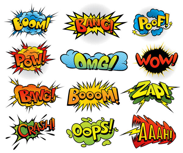 Comic book sound set. Colored hand drawn speech bubbles. Wow, Omg, Boom, Bang sound chat text effects in pop art style.
