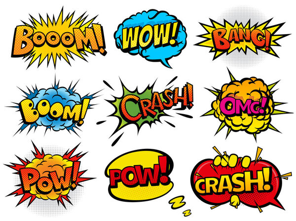 Comic book sound set. Colored hand drawn speech bubbles. Wow, Omg, Boom, Bang sound chat text effects in pop art style.