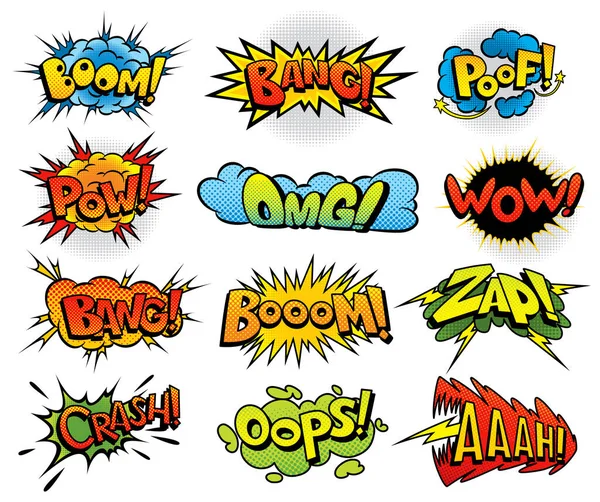 Comic Book Sound Set Colored Hand Drawn Speech Bubbles Wow — Stock Vector