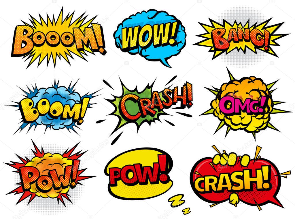 Comic book sound set. Colored hand drawn speech bubbles. Wow, Omg, Boom, Bang sound chat text effects in pop art style.