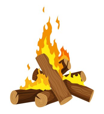 Fireplace campfire type. Burning wood, travel and adventure symbol. Vector bonfire or woodfire in cartoon flat style. Tourist bonfires in stack.