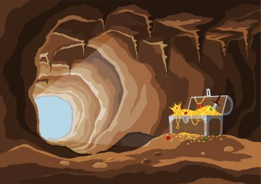 Treasure cave with crystals. Concept, art for computer game. Chest full of pile of gold coins, jewelry and gem. Cartoon pirate treasury vector scene.