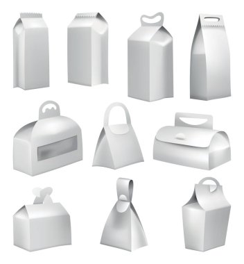 Food packages. Realistic take away food boxes mock up. Blank white model cardboard carry packages, product containers, empty food boxes. Packaging for lunch.