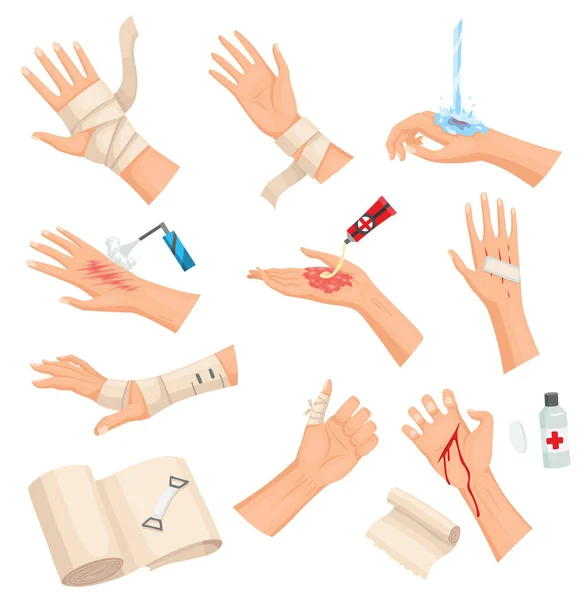 Hands Injured Skin Procedures Bandaging Wound Cleaning First Aid Wound — Vector de stoc