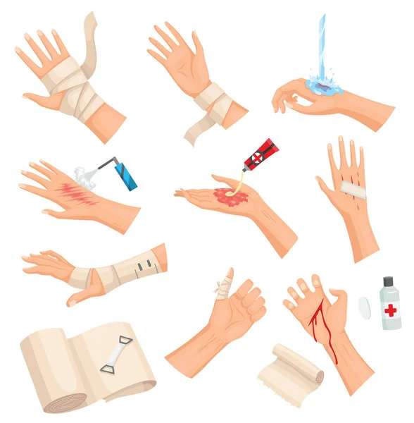 Hands Injured Skin Procedures Bandaging Wound Cleaning First Aid Wound — Archivo Imágenes Vectoriales