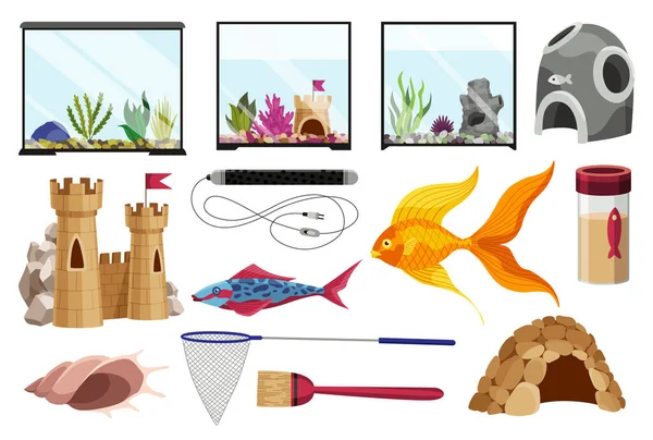 Realistisch Aquarium Met Vissen Algen Decoratie Aquaria Kit Met Onderwater — Stockvector