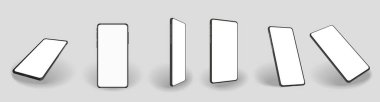 Smartphone mockup with blank screen. Cellphone frame. Realistic phone different angles views. Template for infographics or presentation.