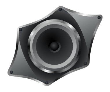 Akustik hoparlör. Modern elektronik teçhizat, sesli müzik dinleme izole edilmiş. Metalik güç bas sistemi hoparlör cihazı. Konser, parti veya ev sineması için ses subwoofer simgesi.