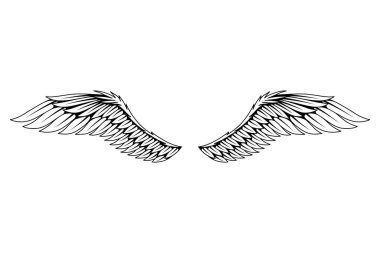 Klasik kraliyet kanatları skeci. Tek renkli, stilize kuş kanatları. Elle çizilmiş stiker kanadı açık pozisyonda. Renk biçiminde tasarım ögeleri.