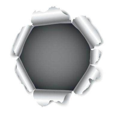 Gri yırtık kağıt deliği. Koyu kâğıt arkaplan üzerinde yırtılmış taraflar ve metin için boşluk. Gerçekçi yırtık kağıt şablonu.