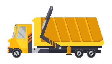 Otomatik yükleyicili çöp kamyonu. Sağlam ev ve ticari atıkların toplanması ve taşınması. Çöp temizleme, kentsel hijyenik araç. Çöp Ekolojisi ve Geri Dönüşüm Konsepti.