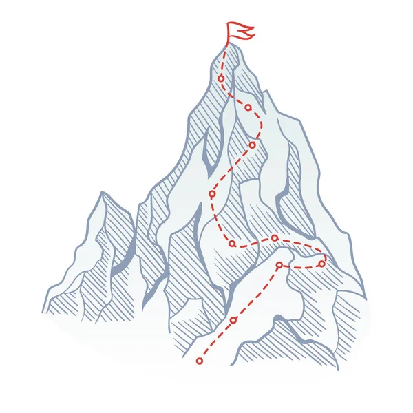 Tepesinde Kırmızı Bayrak Olan Kayalıklara Tırmanma Rotası Seyahati Yolda Başarıya — Stok Vektör