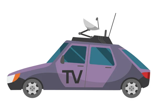 Broadcasting Vehicle Satellite Dish Roof Car Antenna Reporting News Auto — Stock Vector