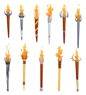Medieval torches with burning fire set. Ancient realistic metal and wooden torches differents shapes with flame. Cartoon game elements vector illustration.