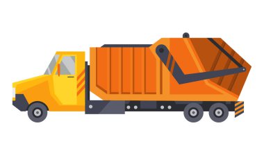 Otomatik yükleyicili çöp kamyonu. Sağlam ev ve ticari atıkların toplanması ve taşınması. Çöp temizleme, kentsel hijyenik araç. Çöp Ekolojisi ve Geri Dönüşüm Konsepti.