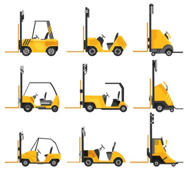 Forklift warehouse and storage equipments collection. Yellow machine without driver isolated on white background. Delivery, shipment or logistic cargo. Electric uploader. Supply storage service.
